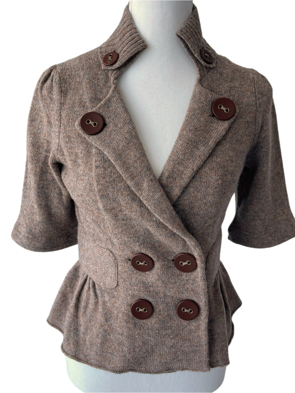 Charlie & Robin Peplum Double-Breasted Knit Cardigan in Taupe Size Small